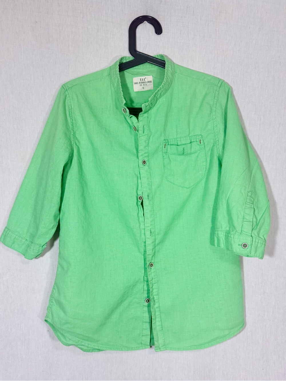 B.O.B. Size S 100% linen Bright Lime Green Mandarin Collar Button-Up Shirt